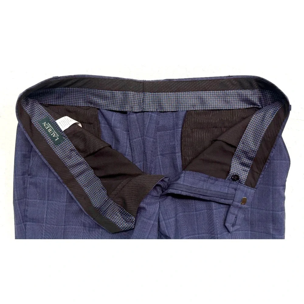 Ralph Lauren 38x30‎ Blue Windowpane Dress Pants Trousers All Season Wool Stretch